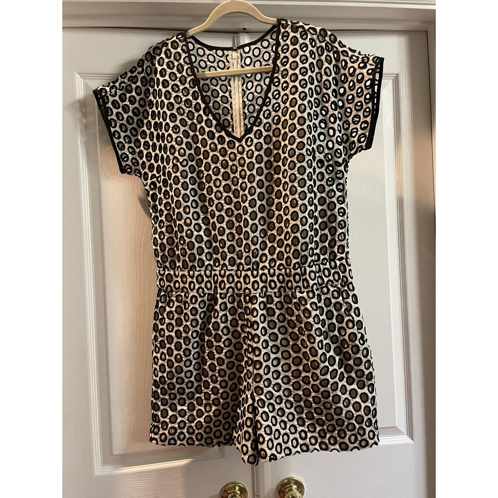 J.Crew Romper Womens 10 Beige Embroidered Polka Dot V Neck Lined Short Sleeve